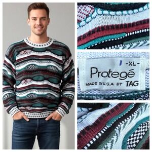 Protege Sweater Mens Large Abstract 3D Green 90's Vintage Biggie Style USA Made